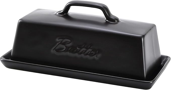 Bruntmor Ceramic Butter Dishes With Lid. Butter Holder/ Tray/ Storage With Lid And Handle. Porcelain Butter Keeper For Countertop. Butter Dish With Cover In Black Color.