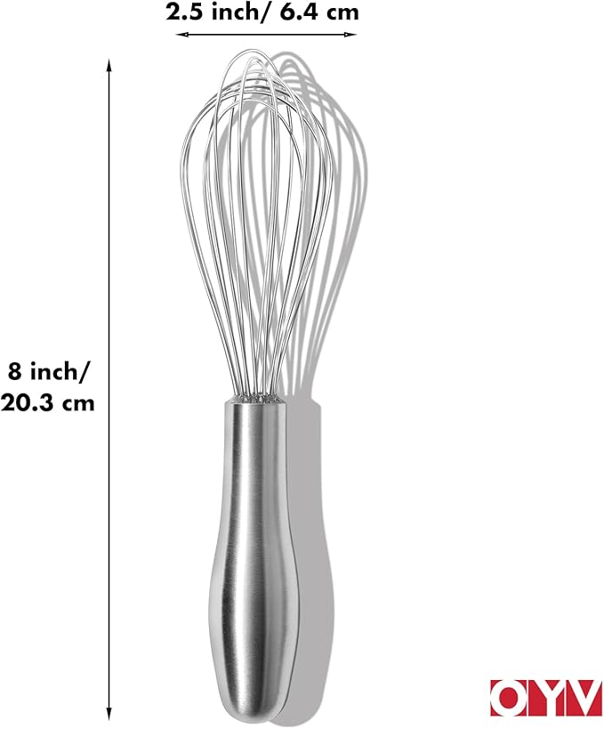 8" Whisk, Ergonomic Handle, Dishwasher Safe 18/10 Stainless Steel Whisk, Professional Kitchen Metal Wisk, Perfect for Whisking, Blending, Beating, and Baking
