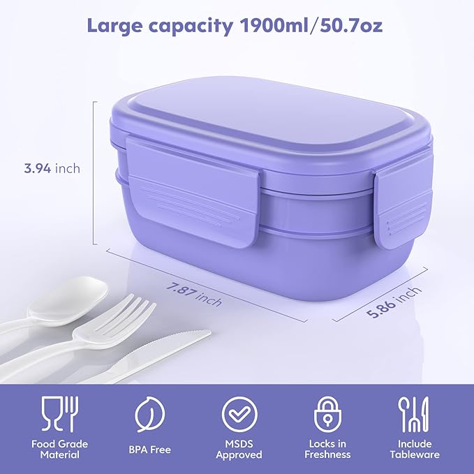 Stackable Bento Box for Adult Kids, Large Capacity 1900ml , Leak-Proof Lunchbox Containers with Utensil Set for Dining Out, Work, Picnic, School