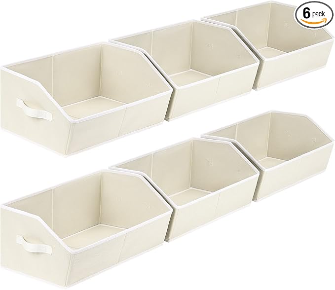 Organizer Bins Cube Storage - Trapezoid Storage Bin 6 Pack, Fabric Baskets for Organizing, Large Storage Basket for Shelves, Closet Organizers for Toys, Clothes, Towels (Beige)