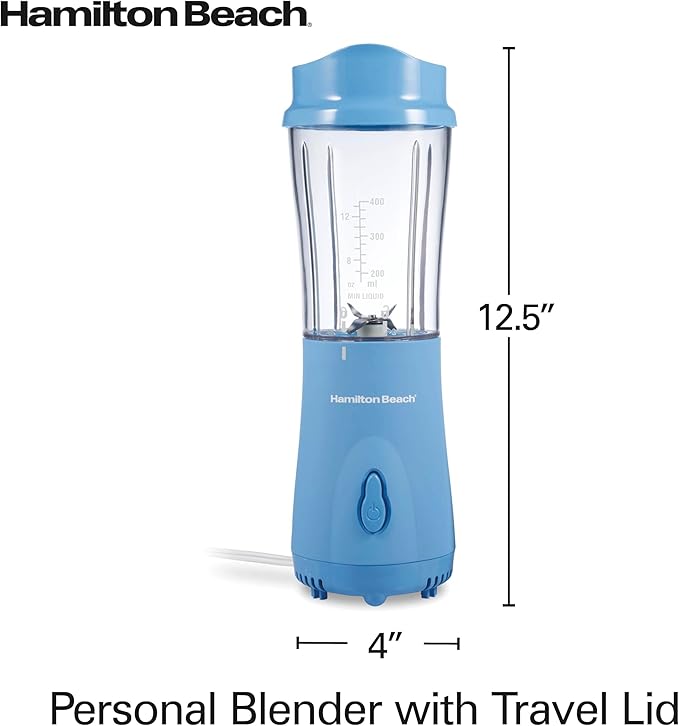 Hamilton Beach Portable Blender for Shakes and Smoothies, 14 Oz BPA Free Travel Cup & Lid, Durable Stainless Steel Blades, Personal Smoothie Blender, Tranquil Blue (51172)
