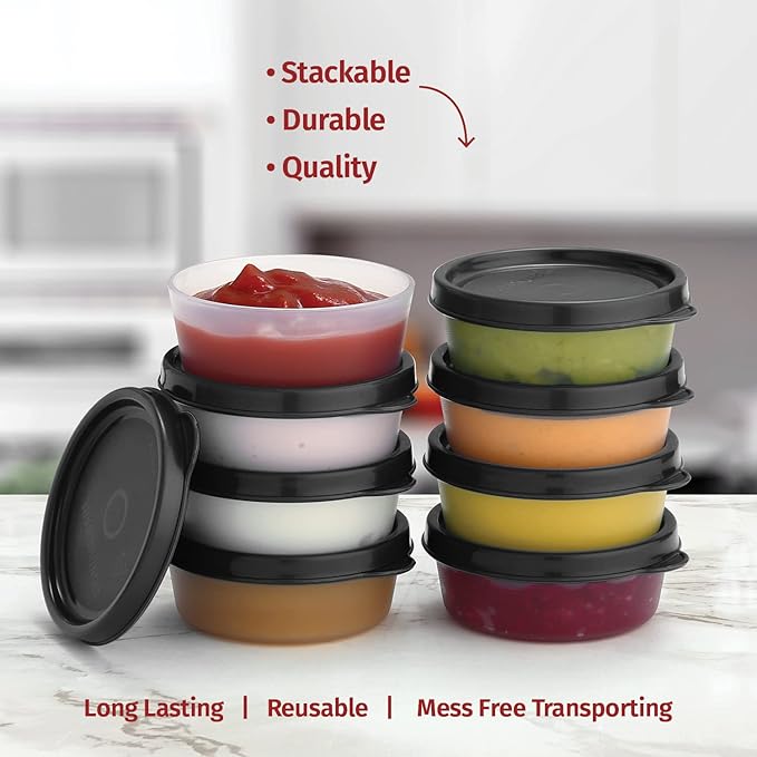 Condiment Cups Containers with Lids- 8 pk. 2.3 oz.Salad Dressing Container to go Small Food Storage Containers with Lids- Sauce Cups Leak proof Reusable Plastic BPA free for Lunch Box Picnic Travel