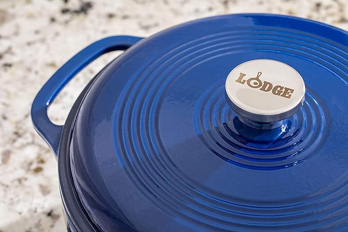 Lodge 7.5 Quart Enameled Cast Iron Dutch Oven with Lid – Dual Handles – Oven Safe up to 500° F or on Stovetop - Use to Marinate, Cook, Bake, Refrigerate and Serve – Indigo