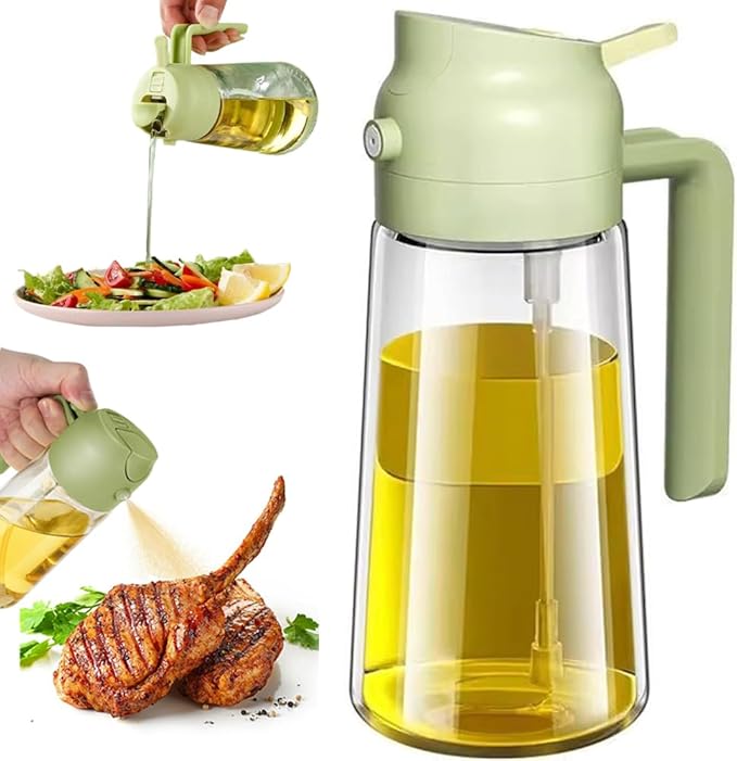 Olive Oil Sprayer Mister for Cooking,2 in 1 Olive Oil Dispenser Bottle for Kitchen,17oz Oil Sprayer for Cooking,Premium Glass Oil Mister Bottle for Air Fryer,Barbecue,Salad,Frying,BBQ (Green 1 Pack)