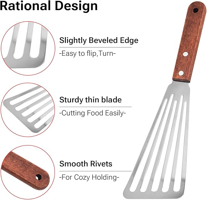 Stainless Steel Fish Spatula with Wooden Handle, Metal Spatula Flipping Foods, Slotted Fish Flipper, Brown 3 Pack