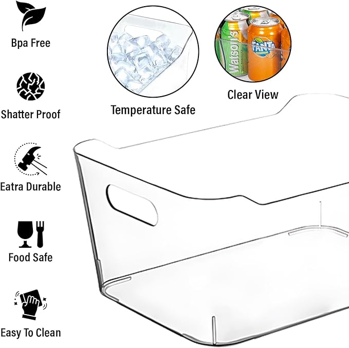 Clear Plastic Storage Bins, Perfect for Kitchen Organization or Pantry Organizers and Storage, Refrigerator Freezer Fridge Organizer Storage Containers Bin for Organizing Medicine Cabinet Organizer