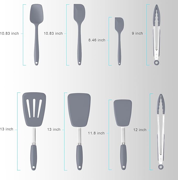 Silicone Spatulas Set Turners Tongs Cooking Utensils Set High Heat Resistant Kitchen Scraper Spatulas for Cooking Mixing Baking BPA Free Dishwasher Safe, Grey