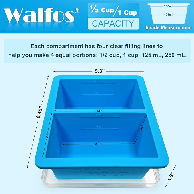 Walfos Extra-Large Silicone Freezing Tray with Lid, 1-Cup Freezer Tray for Storing and Freezing Broth, Sauce and Ice, 2 Pack