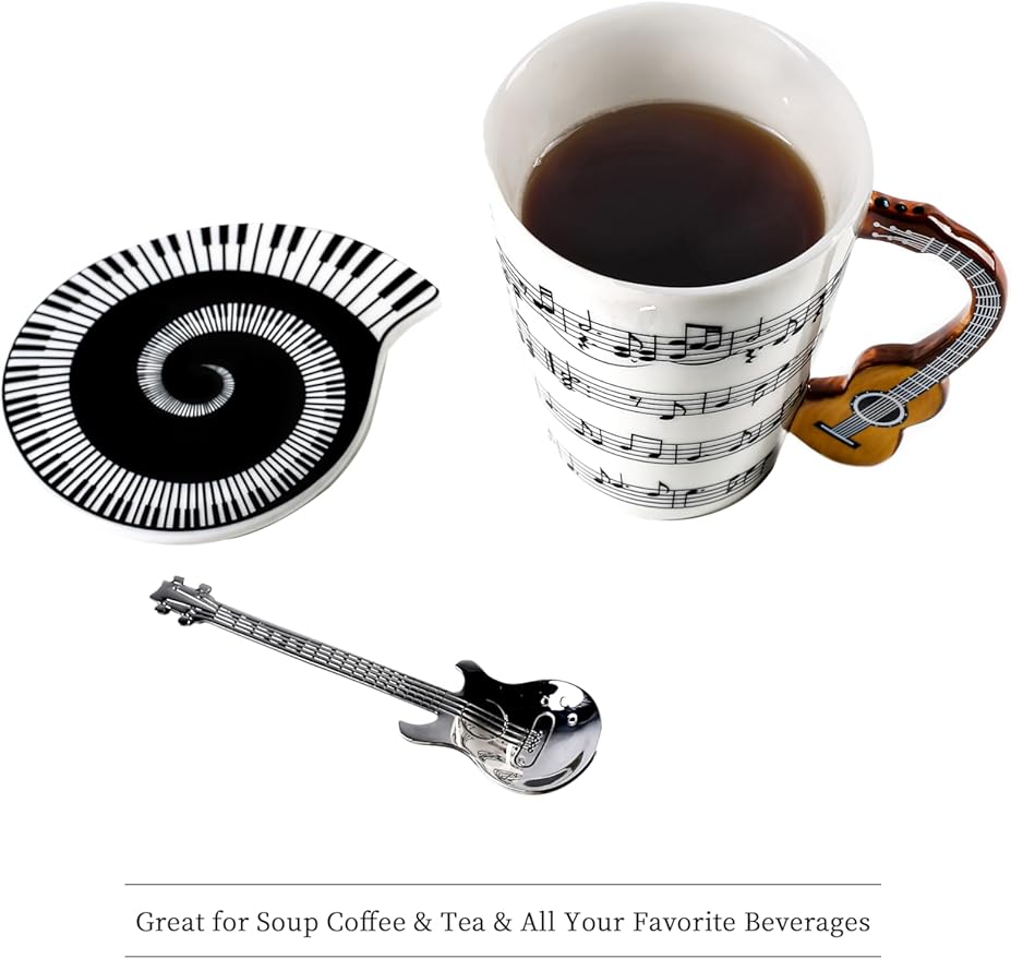 Guitar Novelty Mug Unique Musical Gift Coffee Cup with Cool Music Themed Lid & Guitar Handle Design & Guitar Spoon, Great Gifts for Music Teachers,&guitarLoversfor Holidays,Fathers Day,Men,Woman