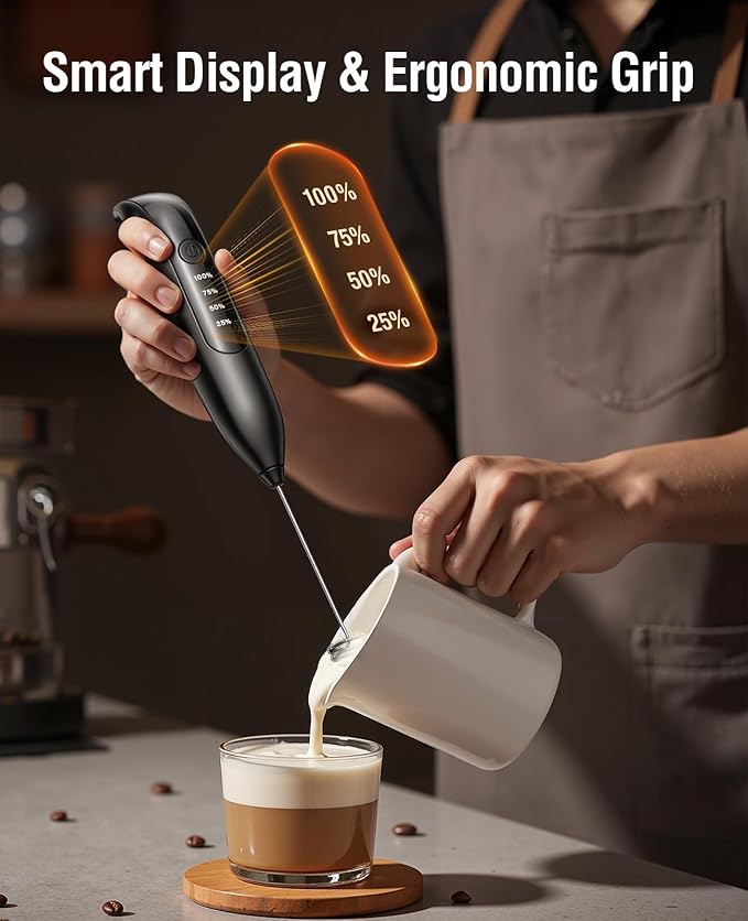 Electric Milk Frother Handheld: Rechargeable 3 Heads 3 Speeds Portable Stainless Steel Drink Foam Mixer with LED Digital Display for Milk Coffee, Lattes, Cappuccino, Matcha