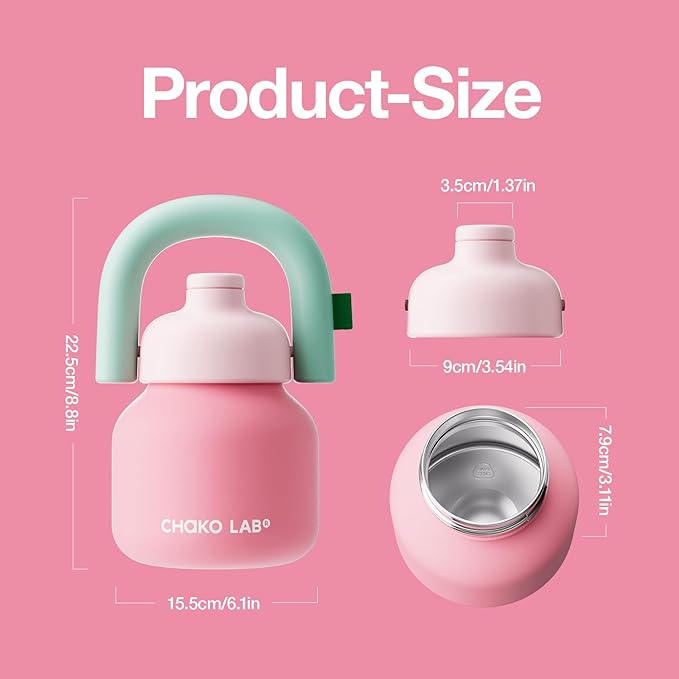 CHAKO LAB Water Bottle with Straw and Carry Handle | Wide Mouth vacuum insulated stainless steel Bottles | Reusable, leak-proof and BPA-free | 33oz(Pink&Red)