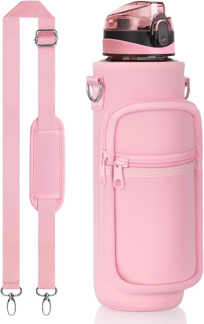 Fimibuke 32 oz Water Bottle with Sleeve - BPA Free Leakproof Sport Large 1L Plastic Motivational Water Bottle with Straw Strap & Insulated Neoprene Holder Carrier Bag Great Xmas Gift for Women Men