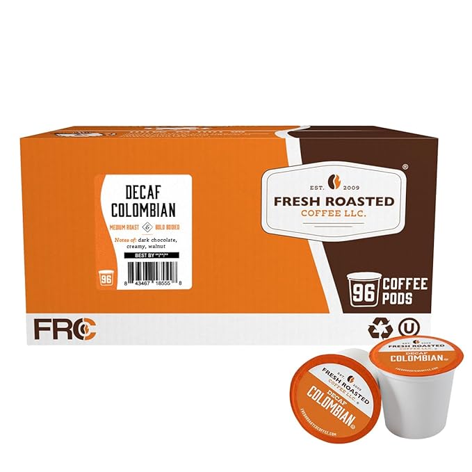 Fresh Roasted Coffee,100% Colombian Decaf, Kosher, EA Natural Decaf, K-Cup Compatible, 96 Pods