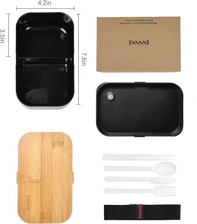 Bento Box Lunch Box Containers for Adults - Natural Bamboo Lid, Cutlery & Chopsticks, Lunch Box for Women, Microwave Safe, Dishwasher Safe, Bpa Free, Leakproof, Men