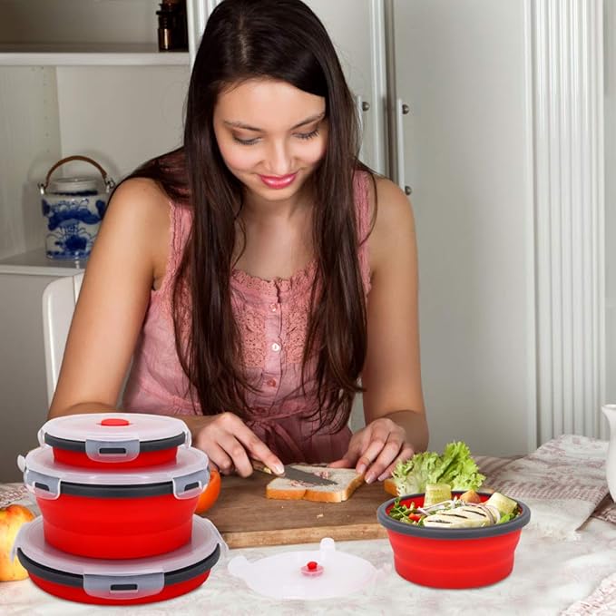 Guyuyii Collapsible Bowls with Lids – 4 Sizes Silicone Food Storage Containers for Camping, RV, and Home Use, with Airtight Leak-Proof Seal, Space-Saving Stackable, Microwave Freezer Dishwasher Safe