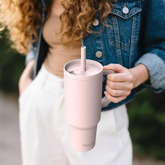 TILUCK 40 oz Tumbler with Handle, Vacuum Insulated Stainless Steel Travel Mug with 100% Leak-Proof Silicone Straw Lid, Cupholder Friendly Water Bottle(LightPink, 40oz)
