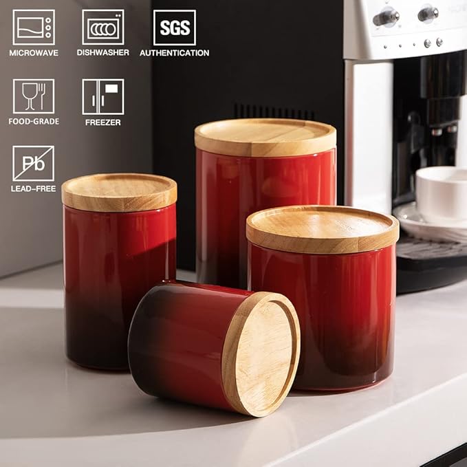 Sweejar Ceramic Food Storage Jar, Stackable Kitchen Canisters, Containers with Airtight Seal Wooden Lid for Serving Ground Coffee, Tea, Sugar, Salt and More - 28 Fl Oz (Gradient Red)