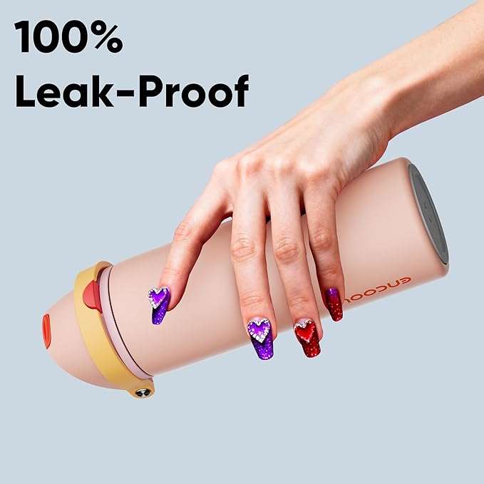 Insulated Water Bottle with Straw - Encool Stainless Steel Water Bottle with Push Button Lid, Leak-Proof & BPA-Free, Keeps Cold for 24 Hours for Sports, Travel, Gym (24 oz, Pink Daisy-Red)