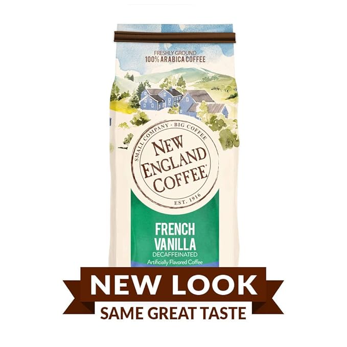 New England Coffee French Vanilla Decaffeinated Medium Roast Ground Coffee, 10oz Bag (Pack of 2)
