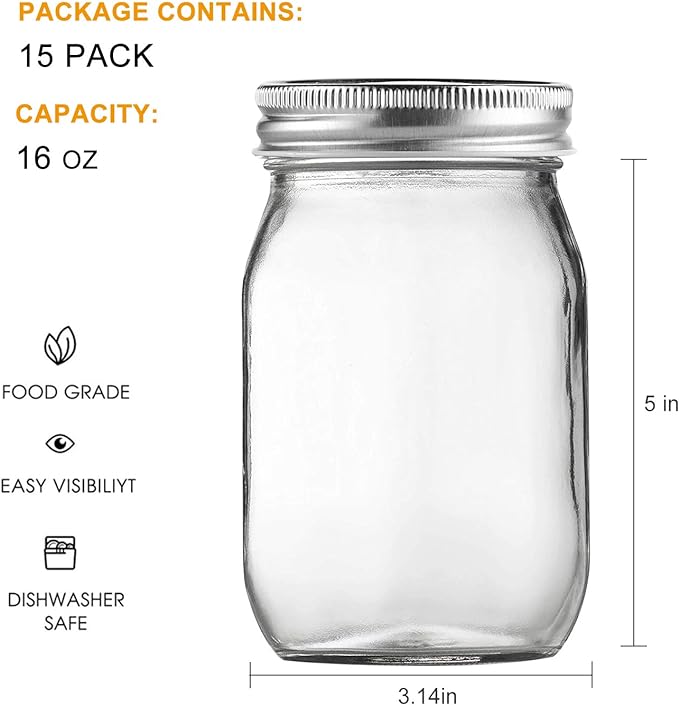 16pack 16oz Mason Jars with Airtight Lids and Bands, Regular Mouth Pint Canning Jars, Clear Glass Jars Ideal for Canning, Pickling, Meal Prep, Jam, Honey, Shower/Wedding Favors, Labels & Pen Included