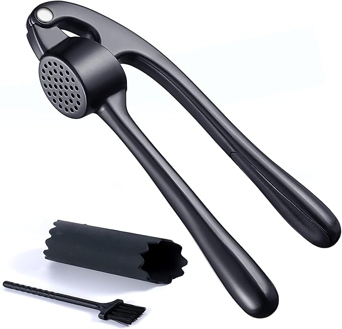 Premium Garlic Press Stainless Steel - Elevate Your Culinary Experience with Our Premium Garlic Mincer, Crusher & Peeler Set, Dishwasher Safe & Rust-proof (Matte-Black)