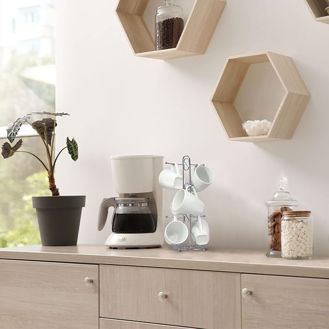Blue Donuts Farmhouse Coffee Mug Rack, Coffee Mug Tree for 6 Mugs, Coffee Cup Holders for Counter, Chrome Coffee Cup Holder Countertop Organizer for Kitchen, Vintage Mug Rack