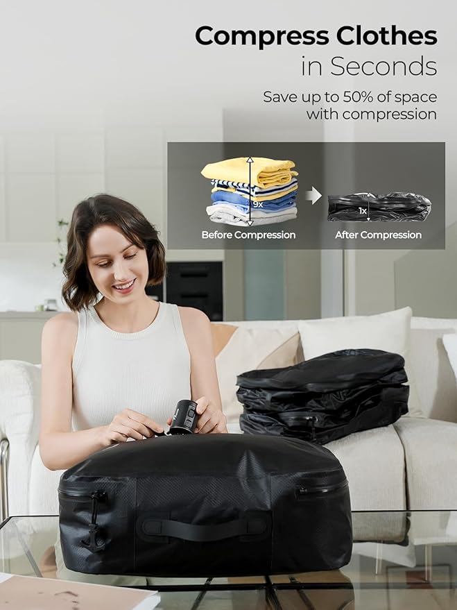 Vacuum Bags for Travel with Wireless Pump, 180° Open Zipper, IP67 Waterproof, Reusable Space Saver Compression Bags for Backpack, Suitcase, Home Storage(2 Pack + Pump)