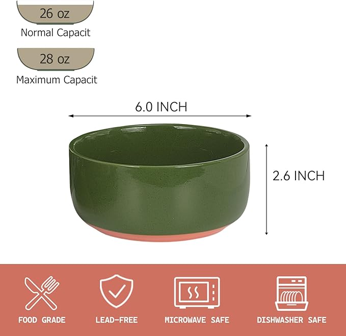 GZG 6 Inch Ceramic Cereal Bowls Set of 4, 28oz Large Soup Salad Pasta Bowls, Porcelain Oatmeal Bowl for Kitchen, Microwave & Dishwasher Safe