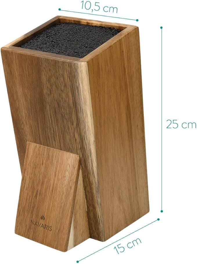 Navaris Universal Knife Block Holder - Acacia Wood Stand with Bristles to Fit Different Sizes of Knives - Angled Design, 9.8" x 5.9" x 4.1’"