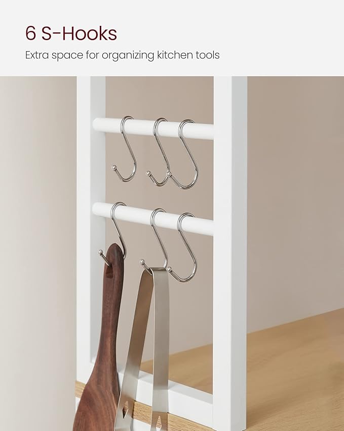 VASAGLE Coffee Bar, 31.5 Inches Baker's Rack for Kitchen with Storage, 6-Tier Kitchen Shelves with 6 Hooks, Microwave Stand, Industrial, Oak Colour and White UKKS019W09