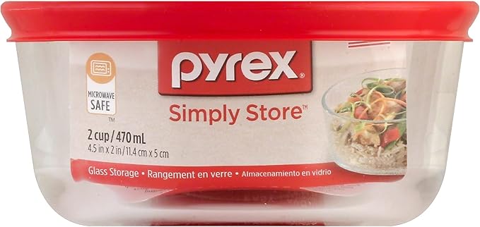 Pyrex Simply Store 2-Cup Single Glass Food Storage Container with Lid, Non-Pourous Glass Round Meal Prep Container with Lid, BPA-Free Lid, Dishwasher, Microwave, Oven and Freezer Safe