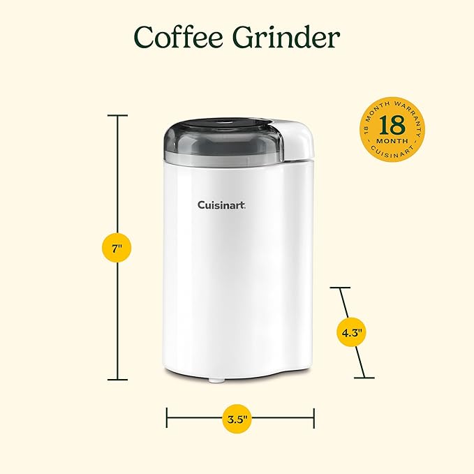 Cuisinart Coffee Grinder, One Touch Control Coffee Bean Grinder with Stainless Steel Bowl and Blades, 2.5 oz/70g Capacity Enough for 12 Cups, On/Off Switch with Safety Interlock, DCG-20N, White
