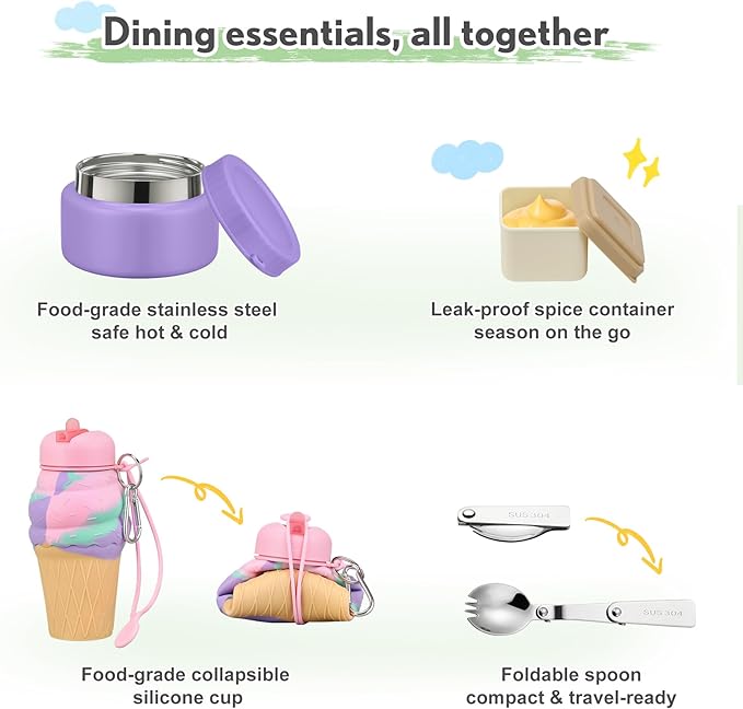 Lunch Box Kids with 5 Compartments, Insulated Food Jar & Utensil & Sauce Container & Lunch Bag & Silicone Collapsible Cup, Leak Proof Bento Box, BPA-Free & Dishwasher Safe-Purple