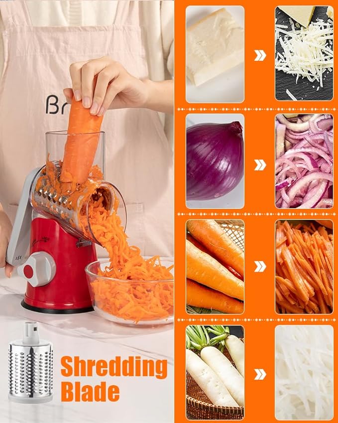 Brigii Rotary Cheese Grater Hand Crank, Cheese Shredder with 3 Drum Blades, Mandoline Slicer, Food Chopper for Hard Cheese, Vegetable, Nuts, Potato