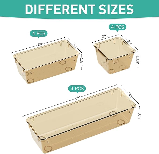 WOWBOX 9 Pack Clear Drawer Organizer Set, Acrylic Drawer Storage Trays, Storage Bins for Makeup, Cosmetics, Jewelries, Utensils, Gadgets, Office, Champagne