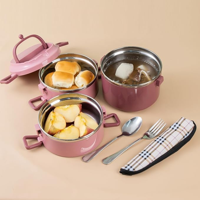 SANQIAHOME 3 Tier Stackable Stainless Steel Lunch Box Sealed(pink, 3 layers) with spoon and fork