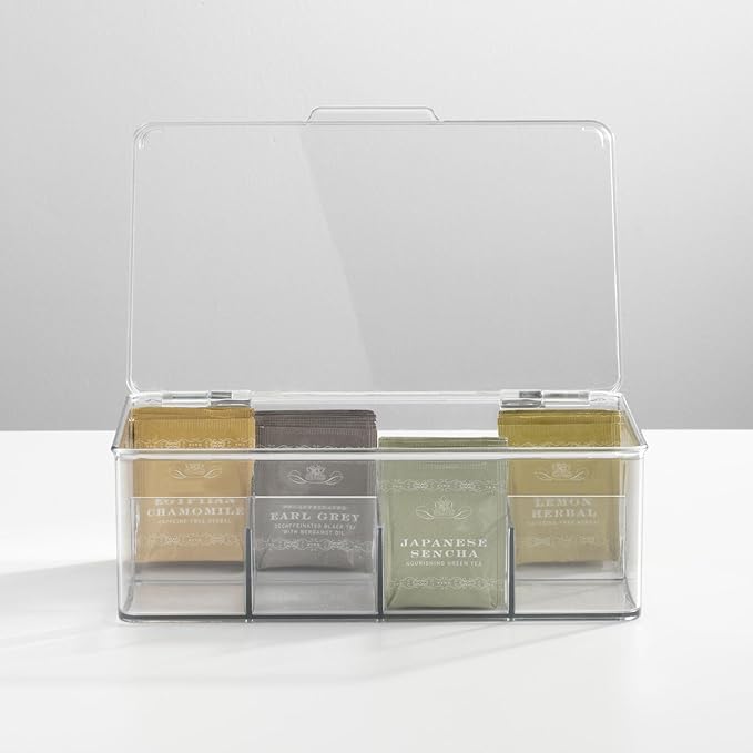 mDesign Tea Bag Single Serve Pouch Divided Box Holder Organizer, Clear
