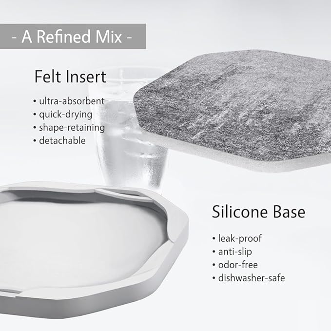 UMIRRO Absorbent Coasters for Drinks with Holder, Silicone Cup Coaster with Felt Insert for Coffee Table Decor, Small Unique Birthday Gift Ideas for Men, Dad, Him, Women Mom, Her, 4", Grey, Set of 6