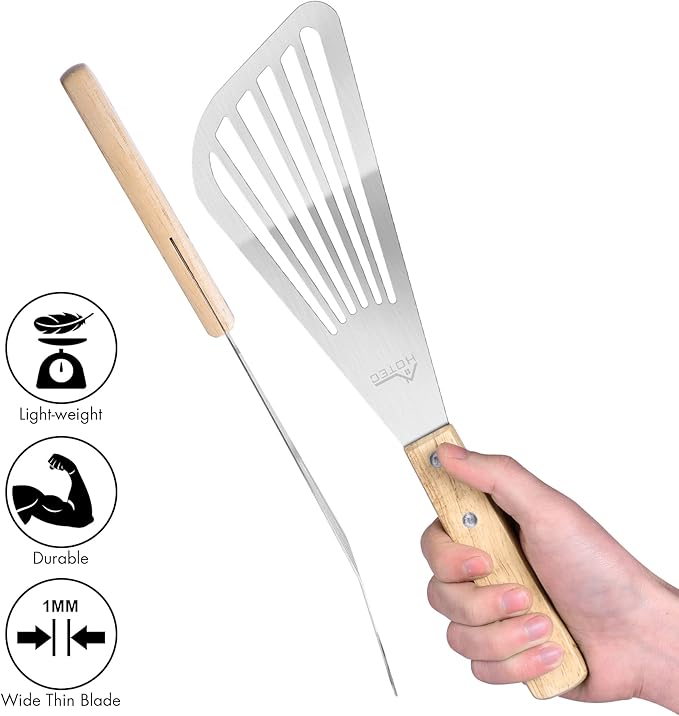 HOTEC 2pcs Stainless Steel Wooden Handle Fish Spatula, Metal Spatula Flipping Foods
