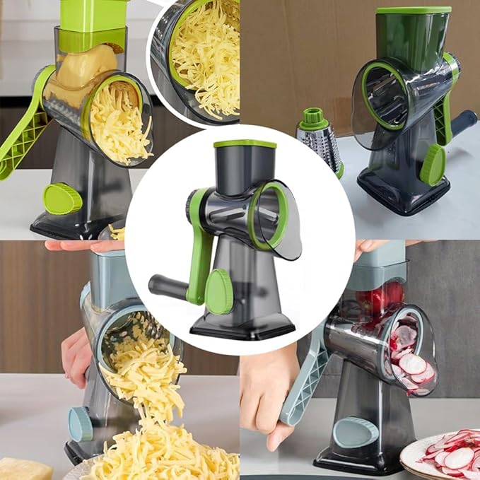 Multi-functional hand-cranked vegetable slicer, drum slicing and shredding vegetable slicer, cheese slicing and shredding kitchen small tools, 3 replaceable blades