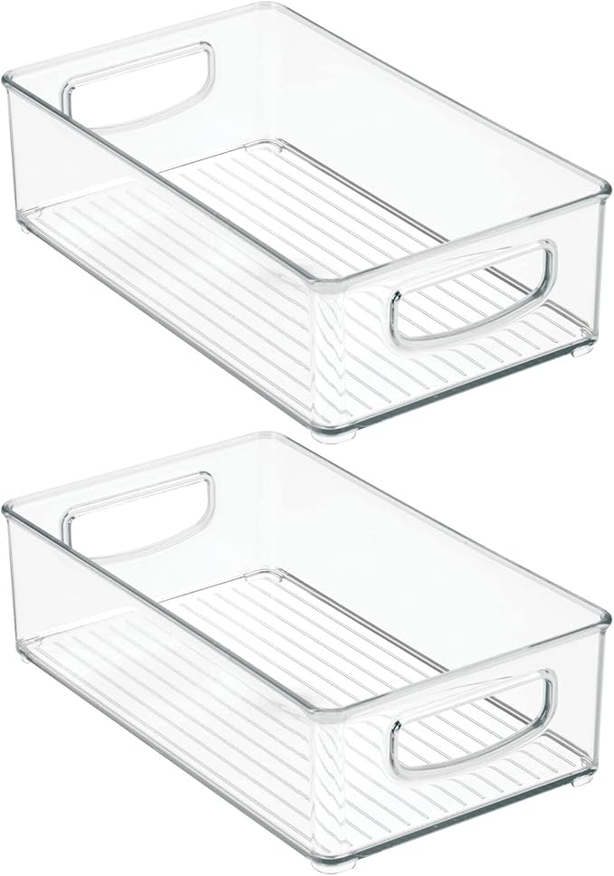 mDesign Small Plastic Kitchen Storage Container Bin with Handles - Organization in Pantry, Refrigerator or Freezer - Food Organizer for Fruit, Yogurt, Squeeze Pouches, 2 Pack, Clear
