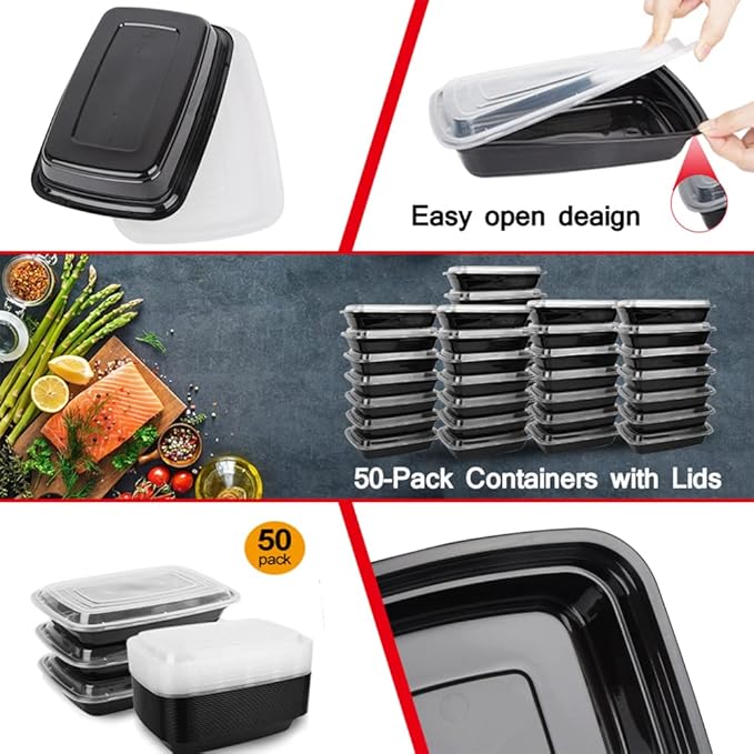 IUM Reusable Food Containers, 50-Pack 24 OZ Plastic Meal Prep Containers with Lids - Durable Stackable Lunch Boxes, Dishwasher Safe