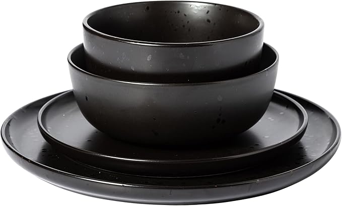 Gibson Elite James Street Stoneware Matte Reactive Double Bowl Dinnerware Set - Pepper Black, Service for 4 (16pcs)