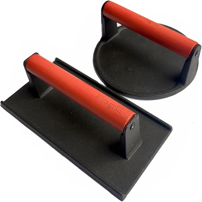 Firsgrill Burger Press 6.6" Round Heavy-Duty Cast Iron Smash Meat Steak with Wood Handle for Blackstone Weber Treager Griddle Grills (YPX) (6.5" Round & 4.3X8.3 Rectangle)