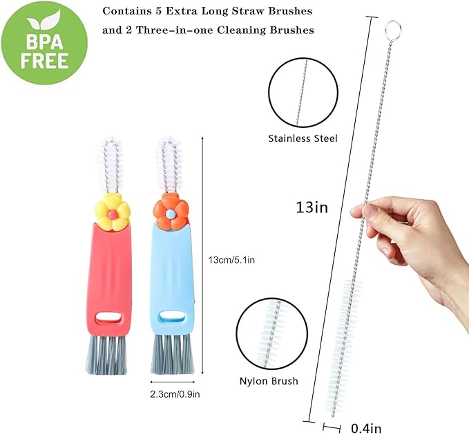 Straw Cleaner Brush Extra Long 13 inch for Stanley Yeti Tumbler Cup Straw Cleaner Brush Kit and 3 in 1 Cup Lid Cleaning Brush Multifunctional Water Bottle Brushes for Cleaning