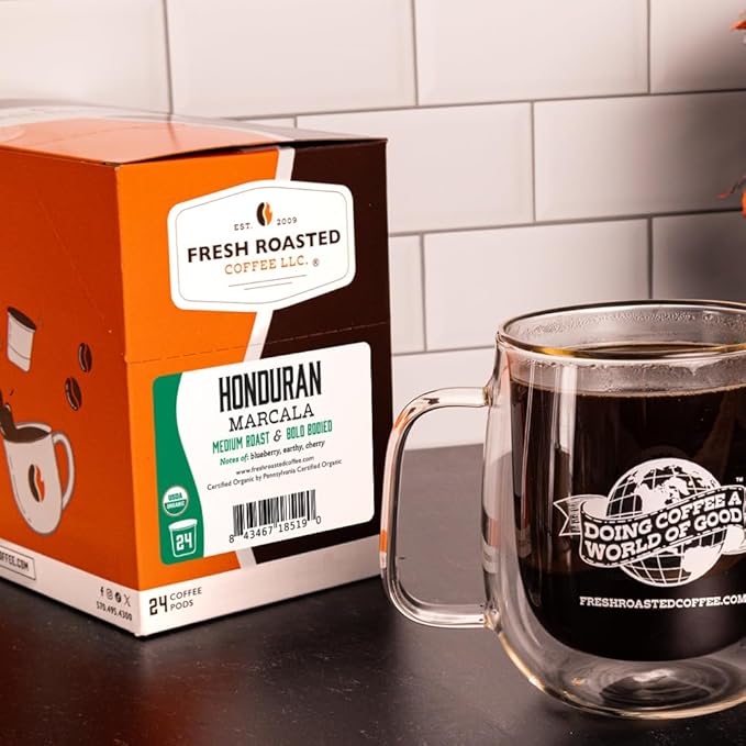 Fresh Roasted Coffee, Organic Honduran Marcala | USDA Organic, 100% Single Origin, Kosher | Medium Roast 72 Pods for K Cup Brewers