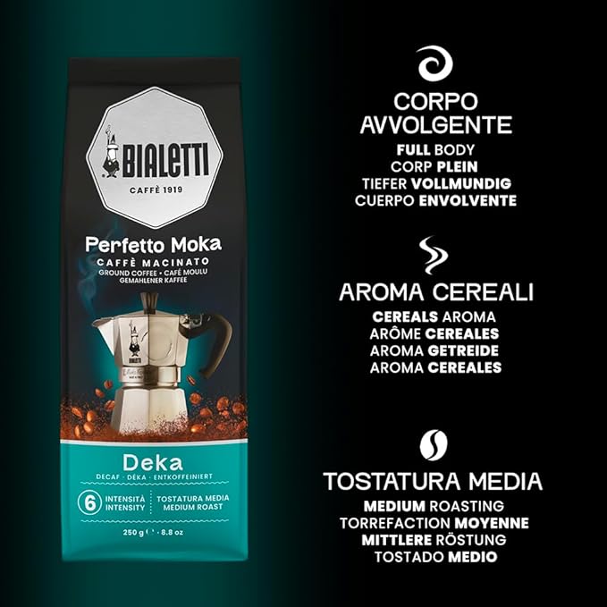 Bialetti - Perfetto Moka Deka: Medium Roasting Ground Coffee, Cereals Aroma, 8.8 Oz - 250g, Bag with Flavour-Saving Valve