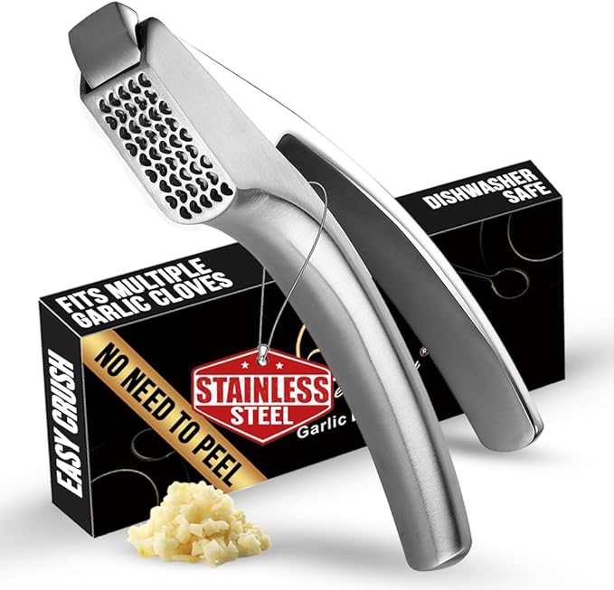 No Peeling Required Garlic Press Stainless Steel with Detachable Handle for Coarse Mincing - Premium Garlic Mincer Tool, Rust-Proof, Easy to Clean, Dishwasher Safe Garlic Crusher with 5-Year Warranty