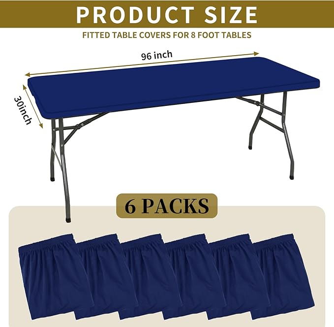 6 Pack Stretch Fabric Table Top Cap Cover, fits 8' Tables, Spandex Table Covers Washable Elastic Rectangle Tablecloth Protector for Indoor Outdoor Party Picnic Wedding, Navy Blue, 30" W x 96" L