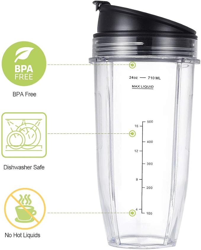Blender Cups Fit for Ninja, Replacement Parts 24OZ Cups with Sip & Seal Lids, Blender Accessories Compatible with Nutri Ninja Auto IQ Series BL480 BL481 BL482 BL490 BL640 BL680 BL450 BL482(2 Pack)